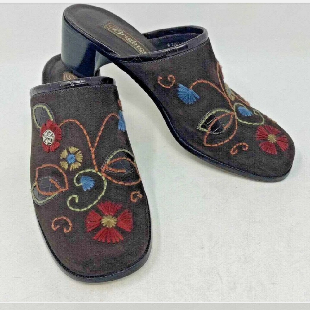Brighton Fiona Brown Embroidered Floral Mule Shoes Block Heel Womens Size 8.5N